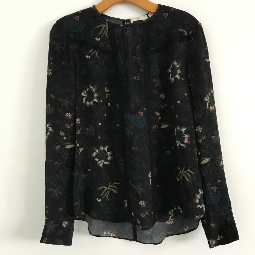 A.L.C. 100% SILK SHIRT BLACK FLORAL LONG SLEEVE BLOUSE SMALL